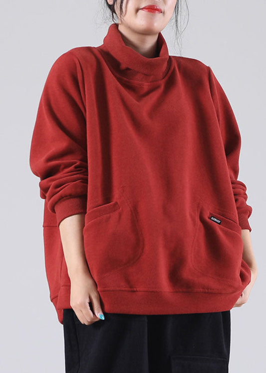 DIY Red Turtle Neck Pockets Coton Sweat-shirt Street Wear Winter