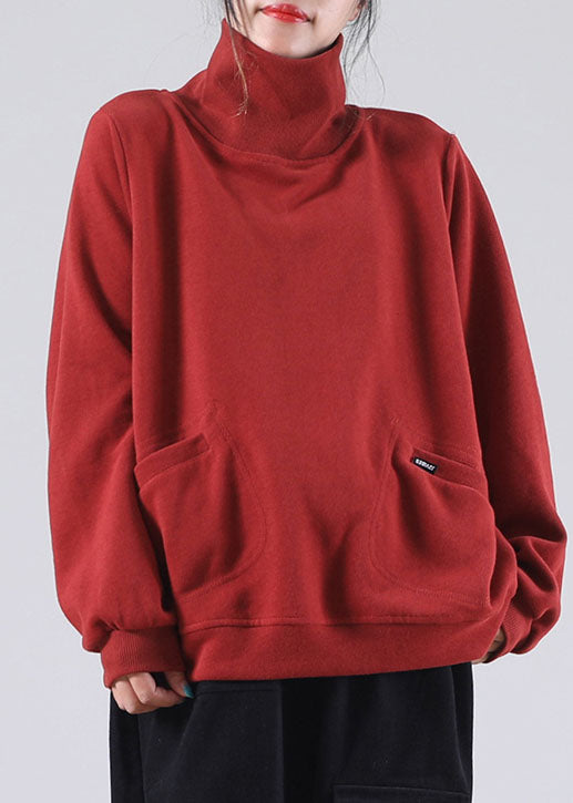 DIY Red Turtle Neck Pockets Coton Sweat-shirt Street Wear Winter