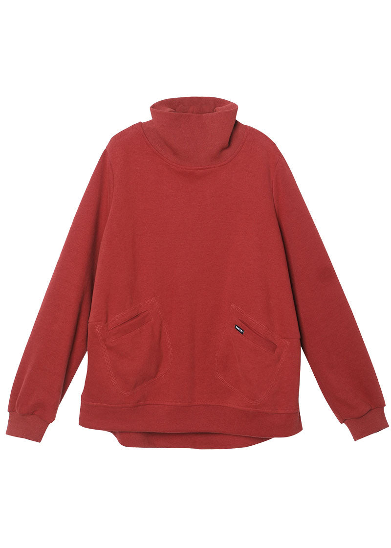 DIY Red Turtle Neck Pockets Coton Sweat-shirt Street Wear Winter