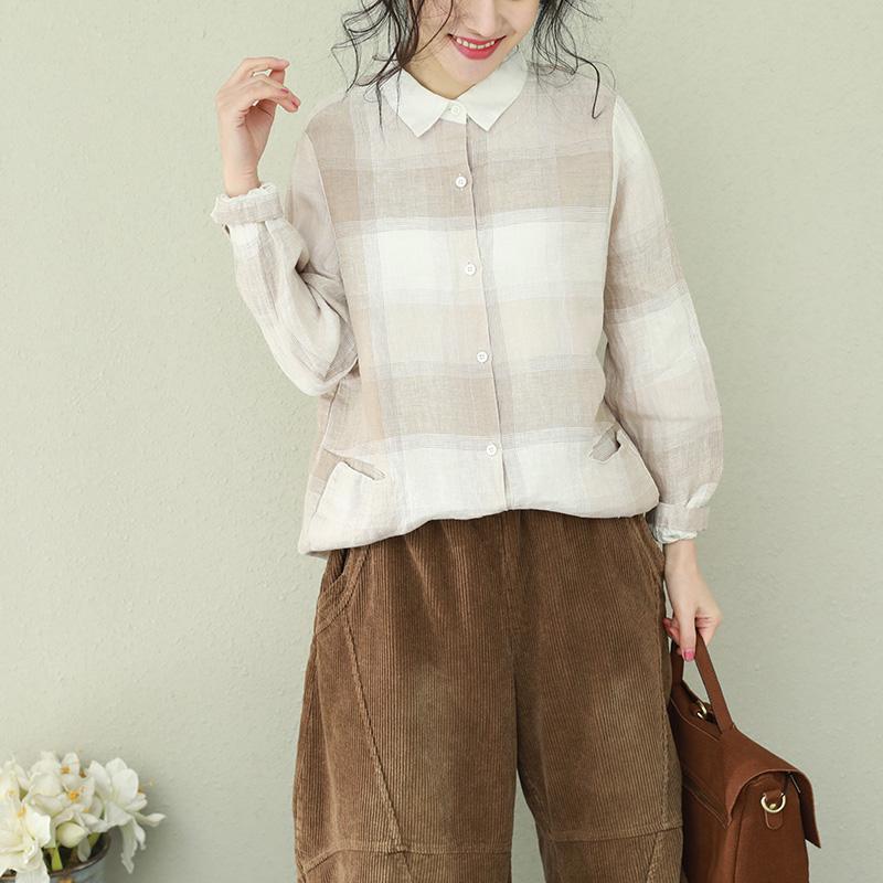 DIY Khaki Plaid en lin Vêtements de revers élégants