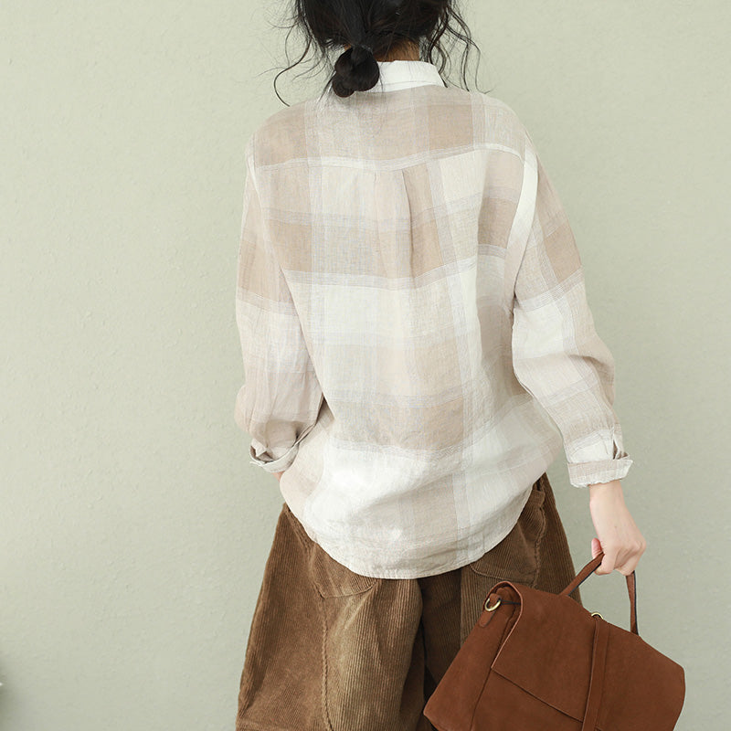 DIY Khaki Plaid en lin Vêtements de revers élégants