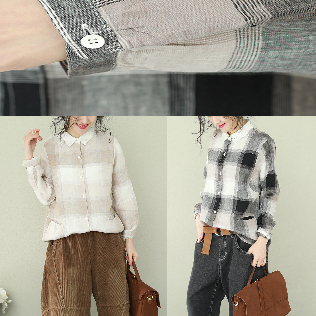 DIY Khaki Plaid en lin Vêtements de revers élégants