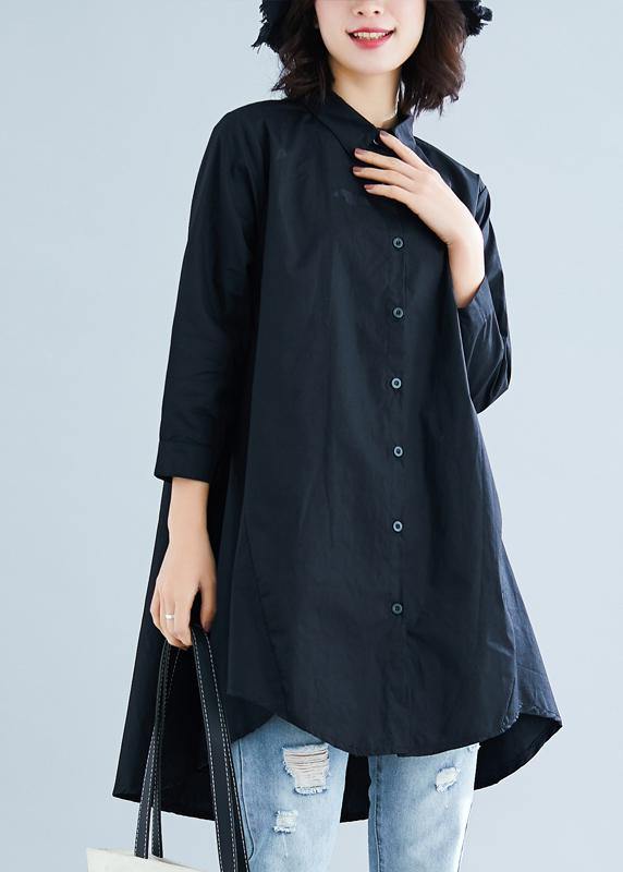 diy lapel asymmetric cotton linen clothes For Women black daily shirt - SooLinen