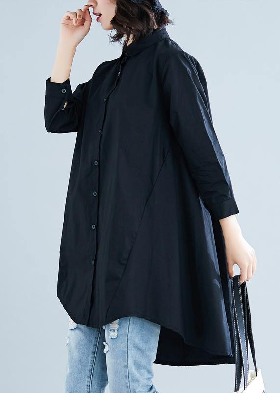 diy lapel asymmetric cotton linen clothes For Women black daily shirt - SooLinen