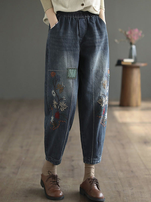 Pantalon de denim Harem à élasticité brodée décontractée