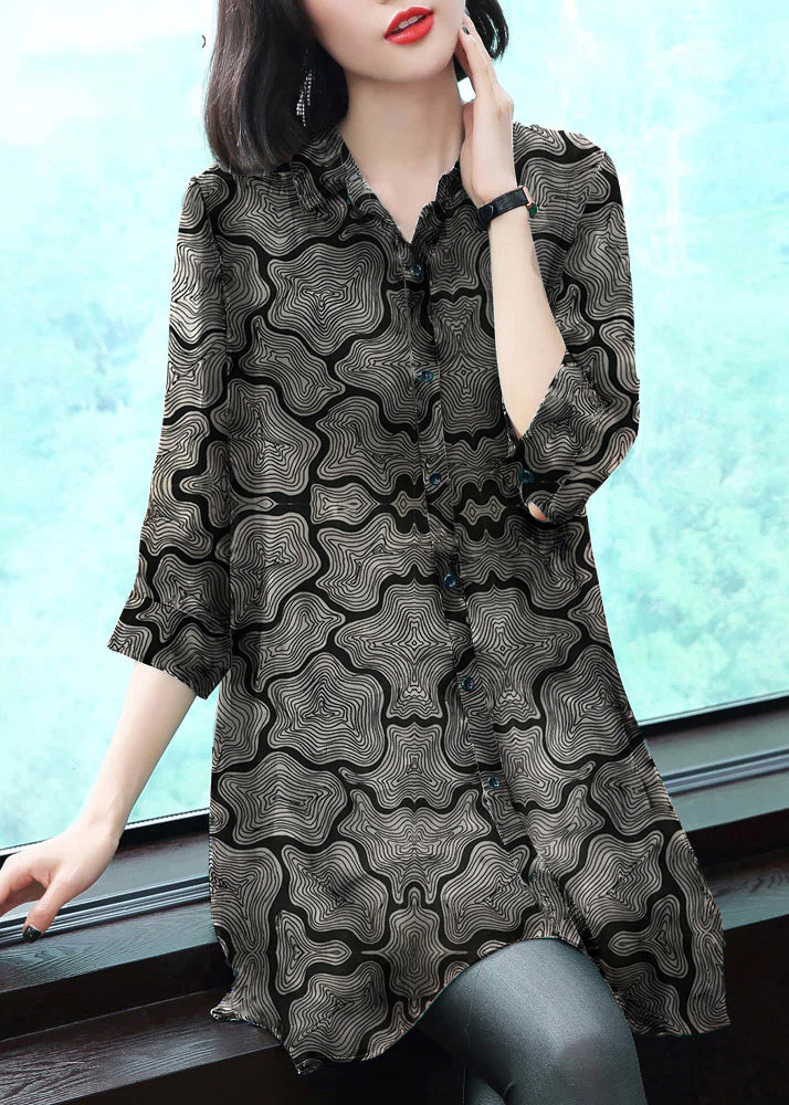 Stylish Peter Pan Collar Button Print Chiffon Shirt Tops Summer