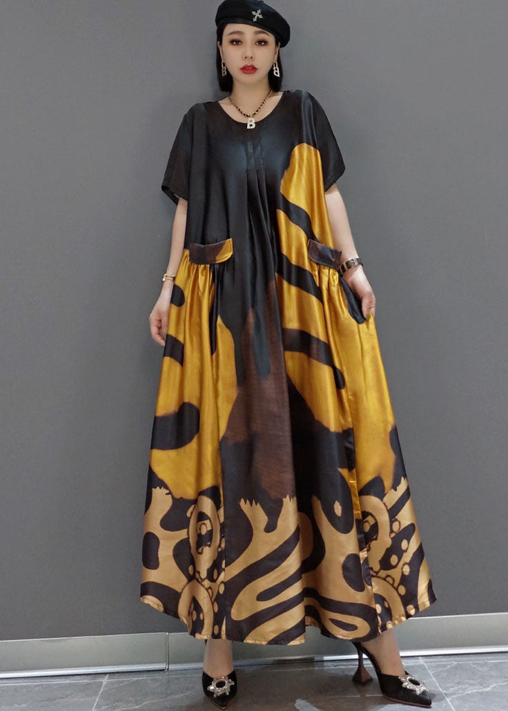 Robe maxi en satin imprimé jaune lâche