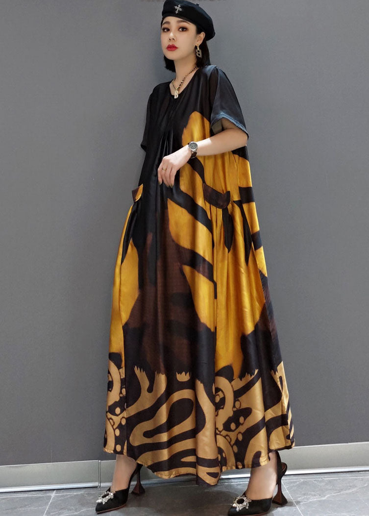 Black-flowers et oiseaux O-cou imprimé satin maxi robe Summer