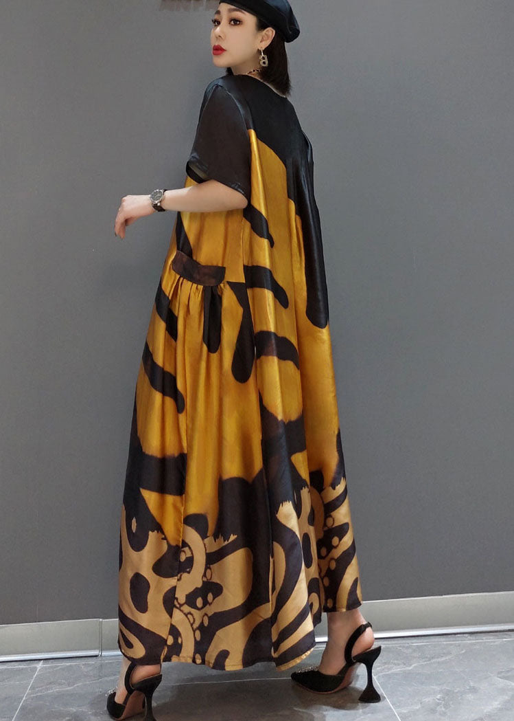 Robe maxi en satin imprimé jaune lâche