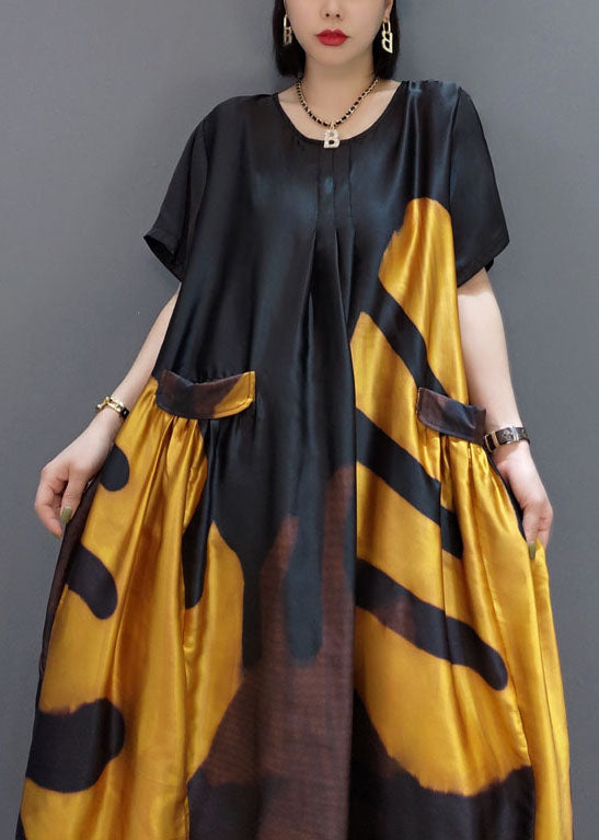 Robe maxi en satin imprimé jaune lâche