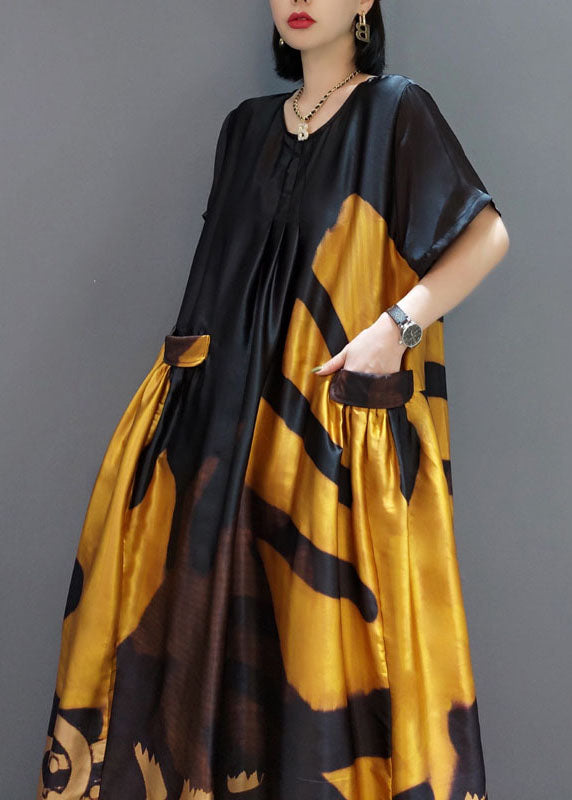 Black-flowers et oiseaux O-cou imprimé satin maxi robe Summer