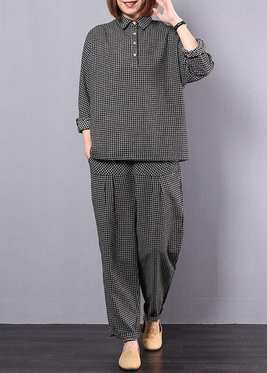 new autumn black plaid cotton lapel collar long sleeve shirt and patchwork elastic waist pants two pieces - SooLinen