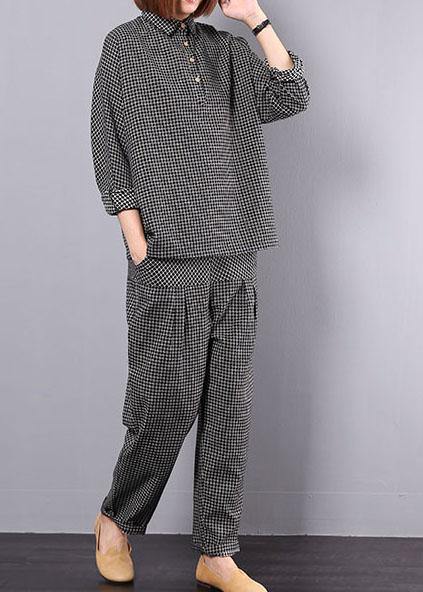 new autumn black plaid cotton lapel collar long sleeve shirt and patchwork elastic waist pants two pieces - SooLinen