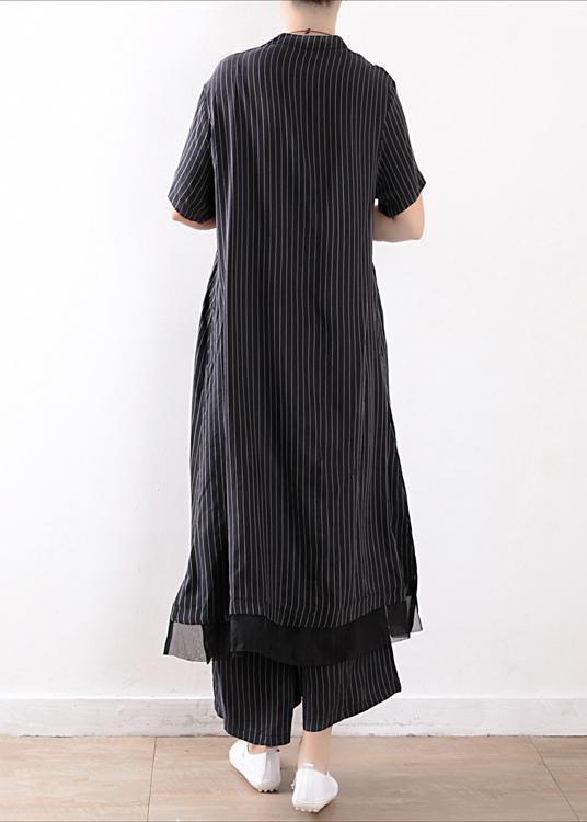 Nouvelle mousseline noire rayée deux pièces Femmes Long Shirt avec pantalon à jambe large décontractée