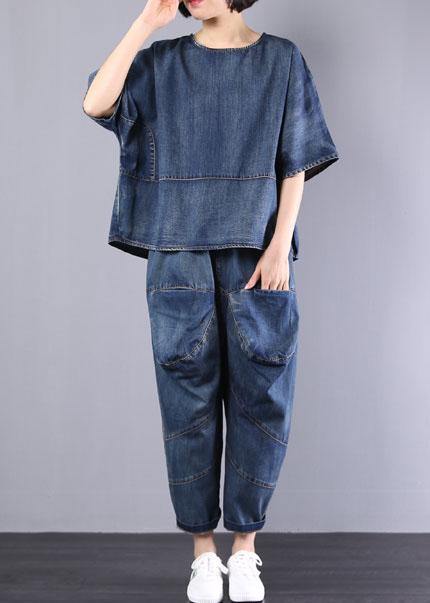 new denim blue cotton short sleeve o neck tops and big pockets pants two pieces - SooLinen