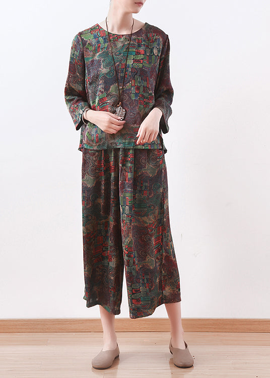 NOUVEAU GREEN FLORAL MARIFON Deux pièces O Tops décontractés de cou avec des femmes pantalons larges en vrac