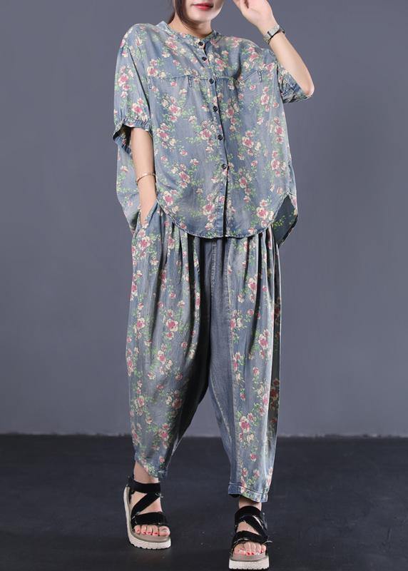 new loose small floral Cinched tops denim two pieces - SooLinen