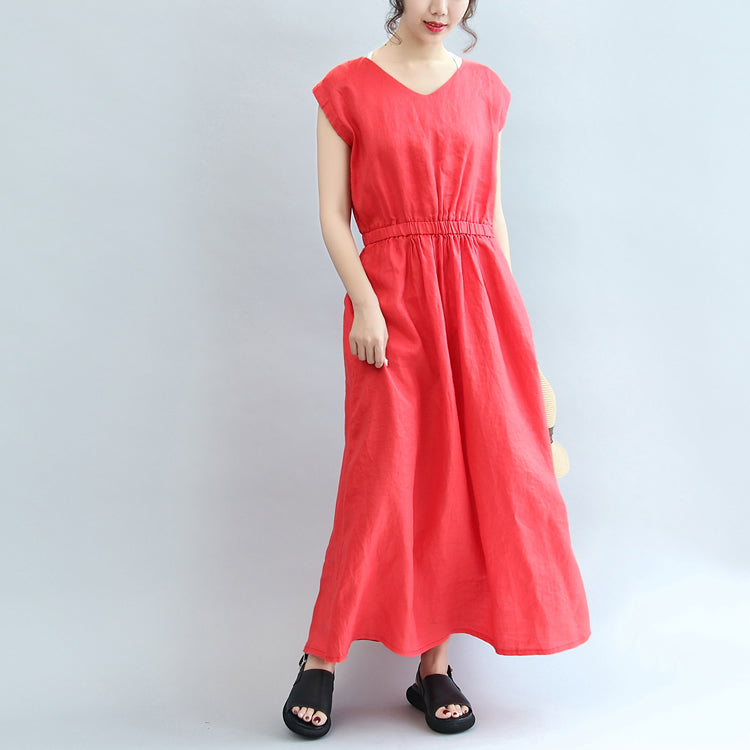 Robes de lin à la taille élastique rouge robe maxi manche courte