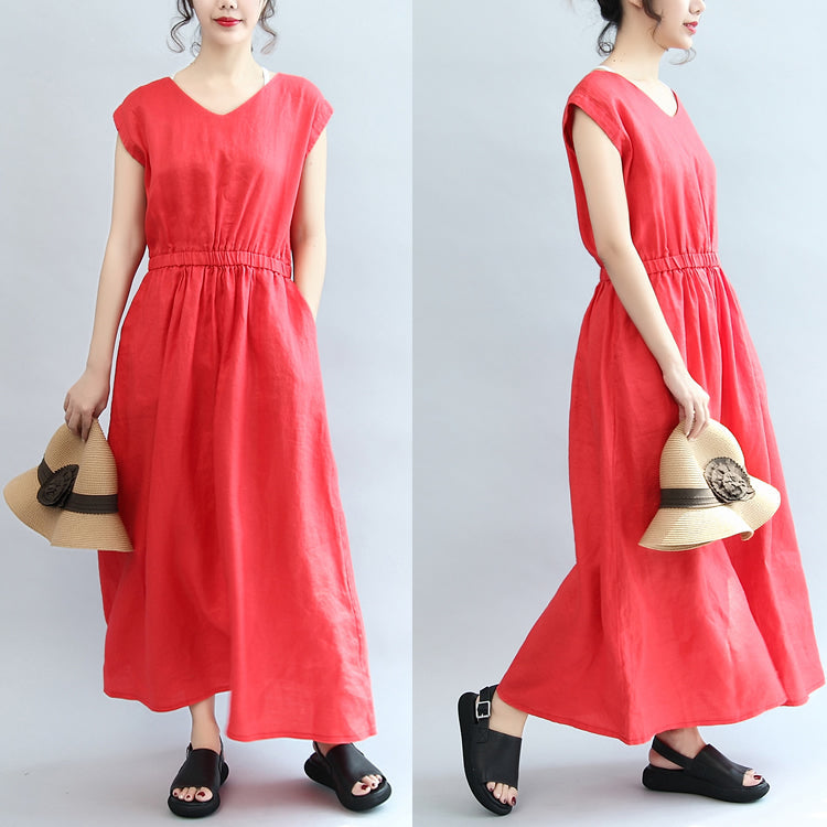 Robes de lin à la taille élastique rouge robe maxi manche courte