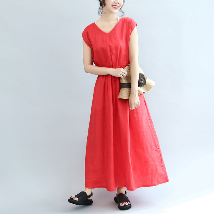 Robes de lin à la taille élastique rouge robe maxi manche courte