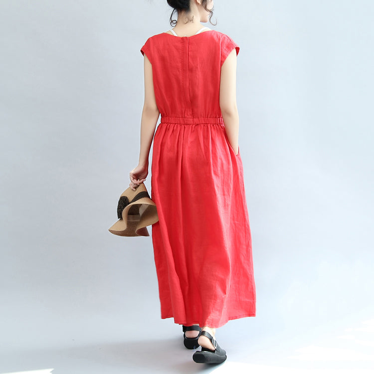 Robes de lin à la taille élastique rouge robe maxi manche courte