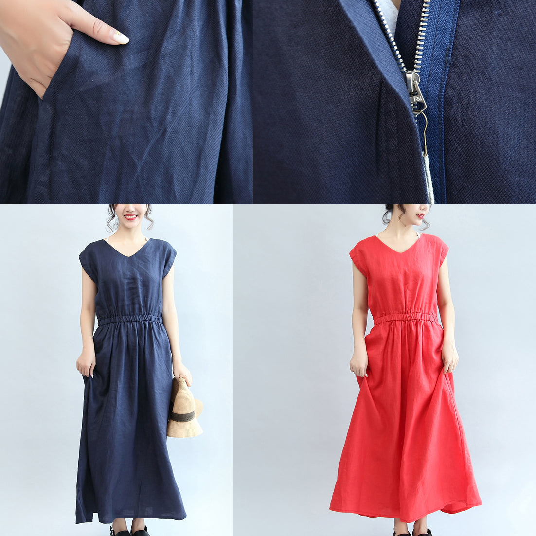 Robes de lin à la taille élastique rouge robe maxi manche courte