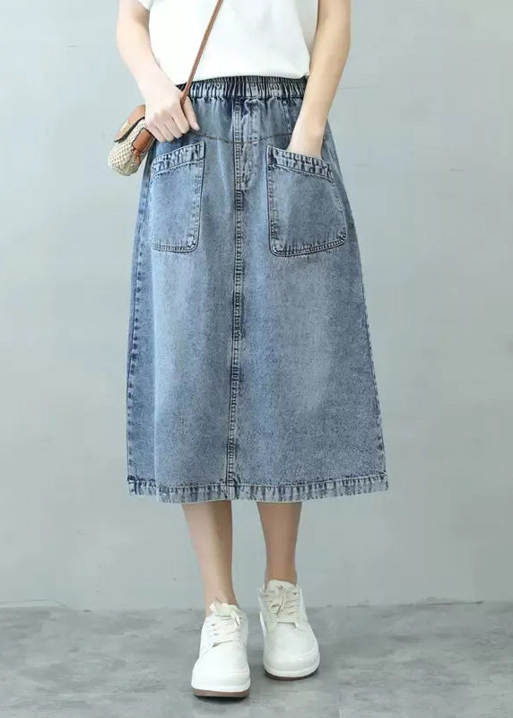 Rief Blue Patchwork Elastic Taist Denim Jirts Summer