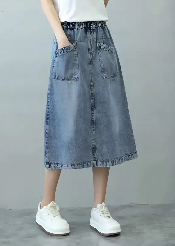 Rief Blue Patchwork Elastic Taist Denim Jirts Summer