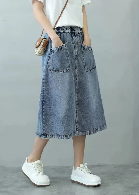 Rief Blue Patchwork Elastic Taist Denim Jirts Summer