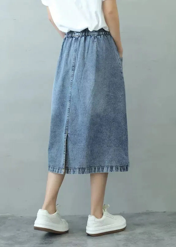 Rief Blue Patchwork Elastic Taist Denim Jirts Summer