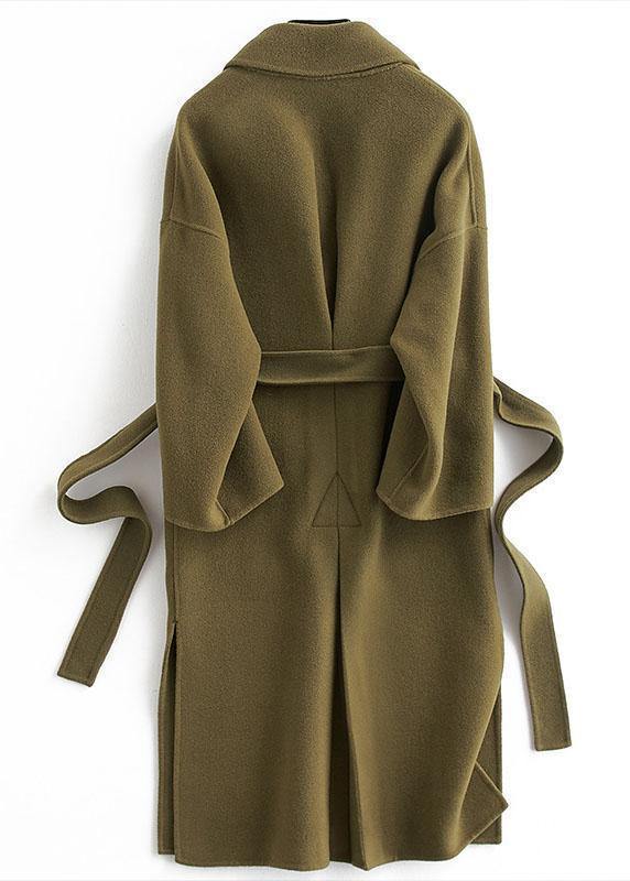 fine Loose fitting long coat tie waist green Notched woolen outwear - SooLinen