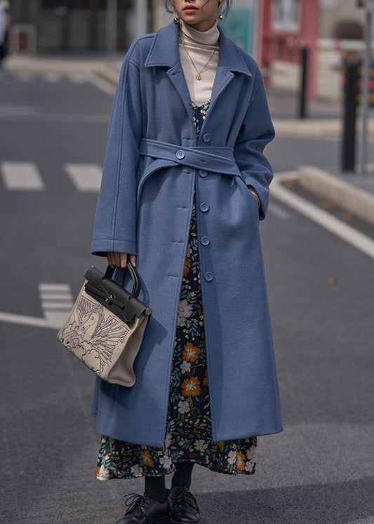 blue Woolen Coats Women oversize Notched tie waist long coat - SooLinen