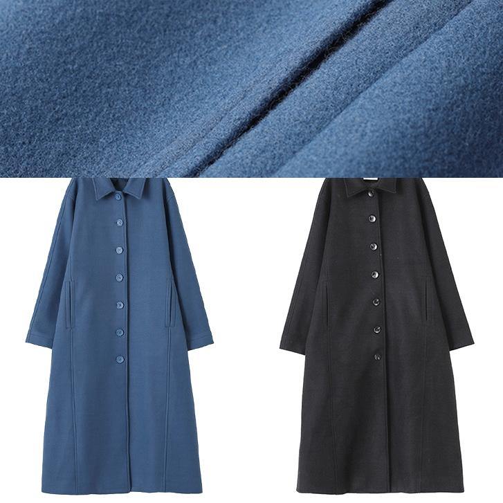 blue Woolen Coats Women oversize Notched tie waist long coat - SooLinen