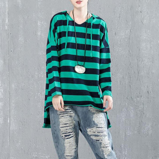 fine cotton blouse Loose fitting Casual Bat Sleeve Hooded Stripe Shirt