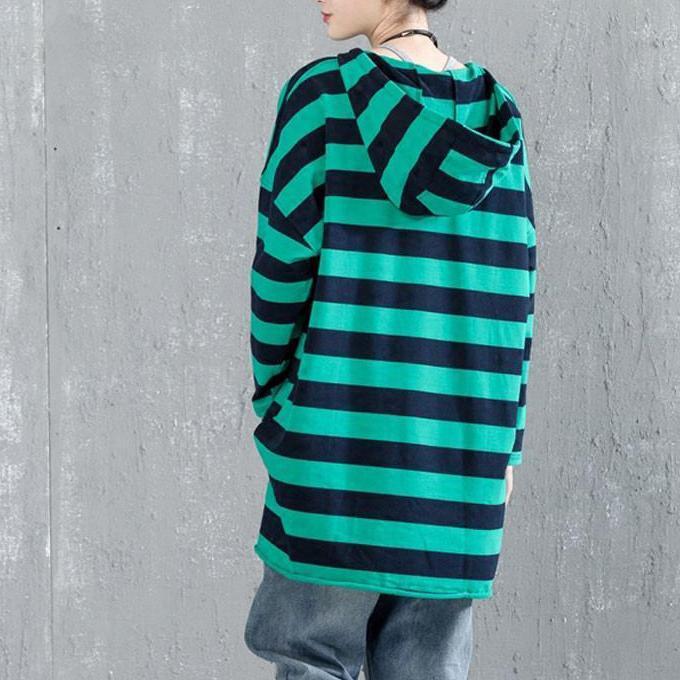 fine cotton blouse Loose fitting Casual Bat Sleeve Hooded Stripe Shirt