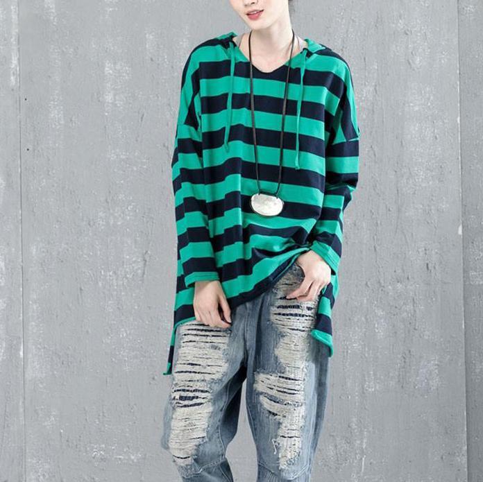 fine cotton blouse Loose fitting Casual Bat Sleeve Hooded Stripe Shirt