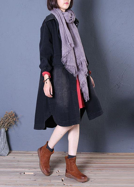 fine fall denim black lapel Large pockets overcoat - SooLinen