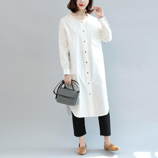 white baggy cotton dresses loose casual long sleeve shirt dress