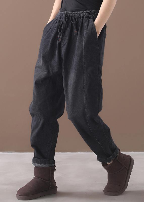 winter new denim black loose pants drawstring thick women trousers - SooLinen