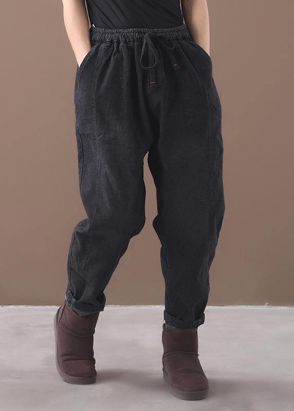 winter new denim black loose pants drawstring thick women trousers - SooLinen