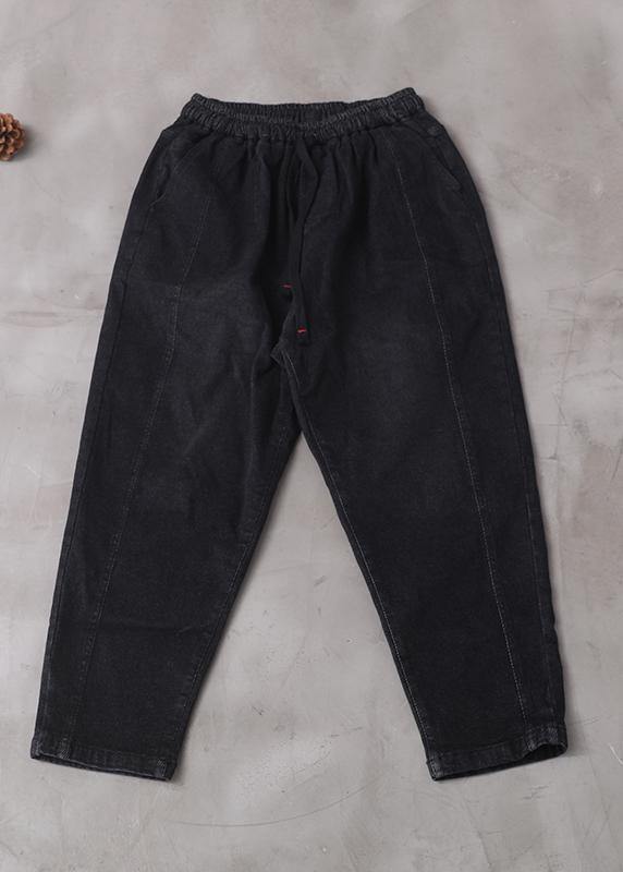 winter new denim black loose pants drawstring thick women trousers - SooLinen