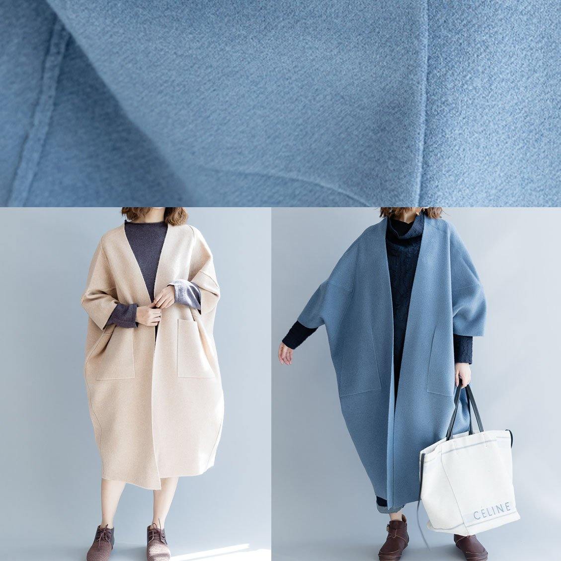 women blue wool overcoat Loose fitting long winter coat fall jackets Batwing Sleeve - SooLinen