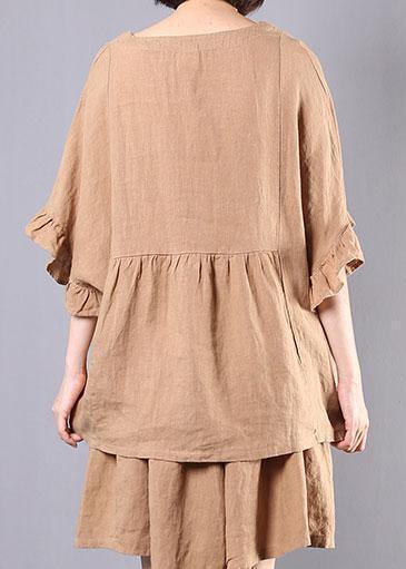 women casual cotton linen khaki two pieces ruffles sleeve blouse with fashion shorts - SooLinen