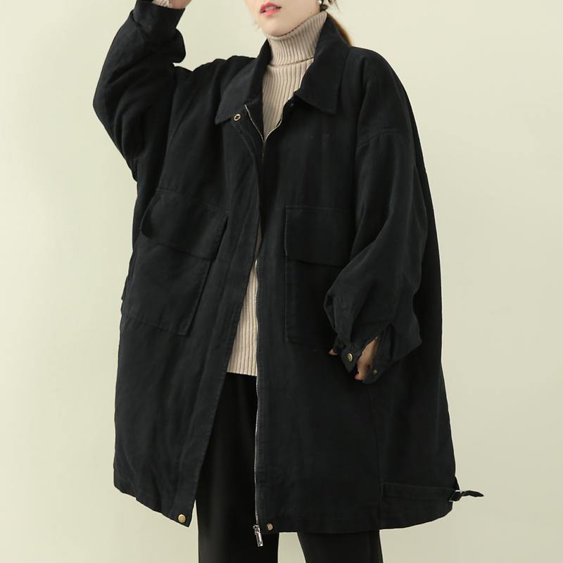 women casual warm winter coat black lapel zippered coat - SooLinen