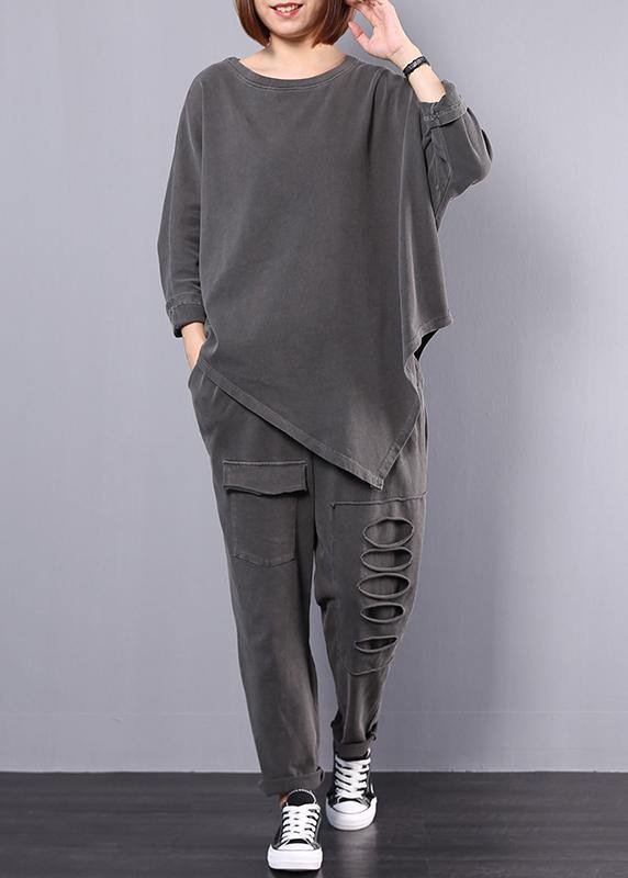 women cotton gray asymmetric tops and big pockets sport pants two pieces - SooLinen