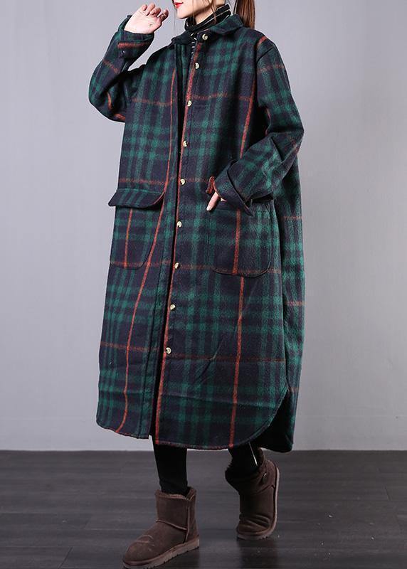 women green plaid wool overcoat plus size clothing Winter coat lapel pockets coats - SooLinen