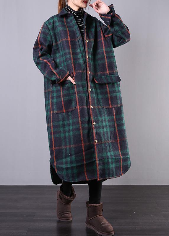 women green plaid wool overcoat plus size clothing Winter coat lapel pockets coats - SooLinen