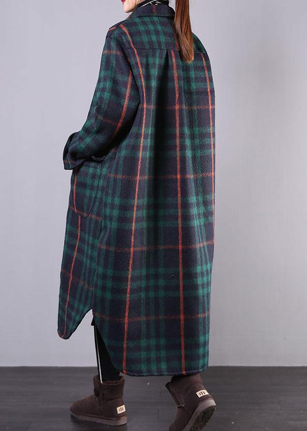 women green plaid wool overcoat plus size clothing Winter coat lapel pockets coats - SooLinen